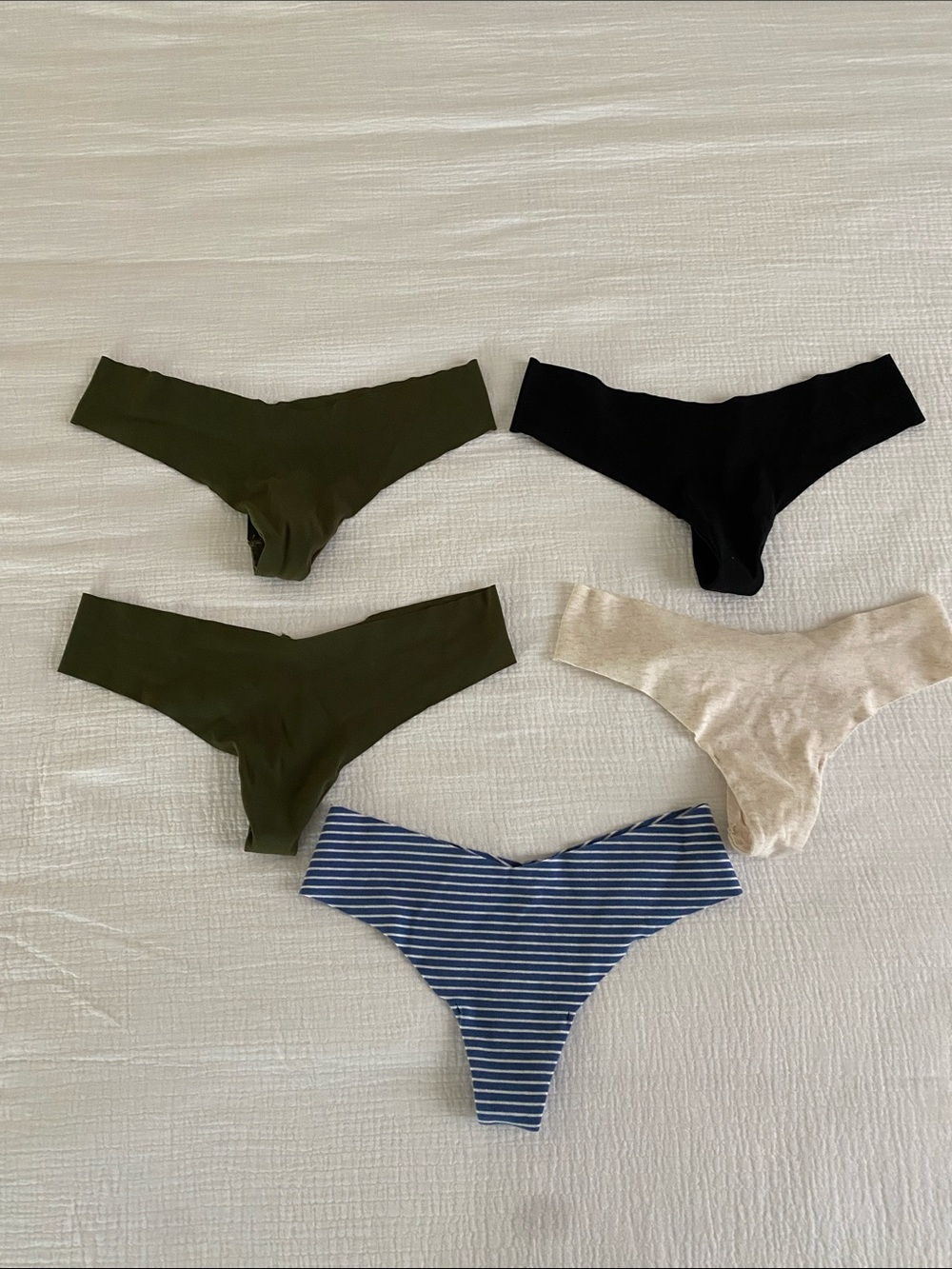 aerie Women's Thong Panty 5-Pack - Olive, Black, Cream, Blue Stripe
